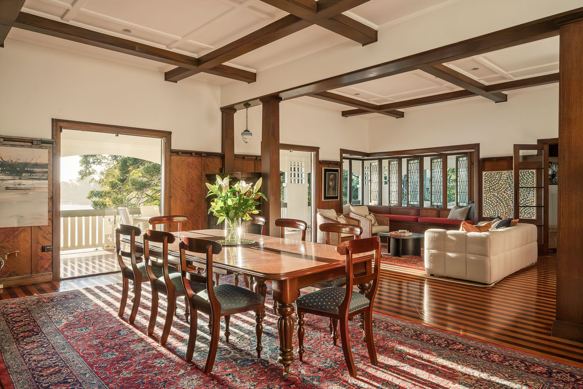 Formal living and dining rooms with original timber detailing